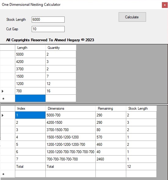 One Dimensional Nesting Calculator
